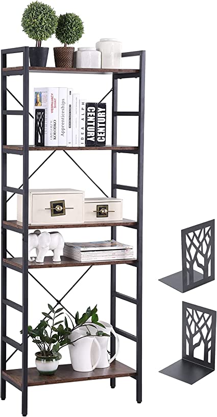 Vinatge Bookshelf, Ohuhu 5 Tier Industrial Adjustable Bookshelf with Bookends, all Wood Bookcase Storage Shelf Rack , Open Standing Storage Bookcase Home Office Furniture for Living Room, Office, Bathroom, Kitchen