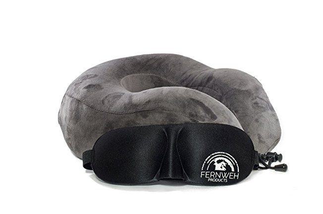 Contoured Memory Foam Travel Pillow and Eye Mask Collection by Fernweh Products - Relaxation Collection w/ travel pack for Travelers and Adventurers (Charcoal)