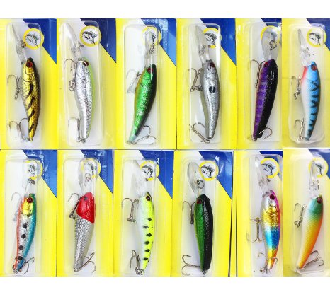 LotFancy Lot 12 PCS Sorts of Fishing Lures Crankbaits Hooks Minnow Baits Tackle