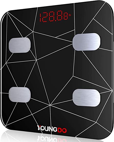 YOUNGDO Digital Scales for Body Weight, Bathroom Smart Scale for Body Fat BMI, Rechargeable Smart Bluetooth Body Composition Analyzer, Sync Data with Other Fitness Apps, Black, 11.8x11.8 Inch