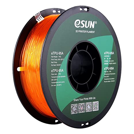 eSUN Flexible TPU Filament 1.75mm, 3D Printer Filament TPU-95A, Dimensional Accuracy  /- 0.05mm, 1KG Spool (2.2 LBS) 3D Printing Filament for 3D Printers, Transparent Orange