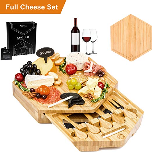 APOLLO 12-Piece Complete Bamboo Cheese Board Serving Set with 5 Cheese Knives and Cheese Markers and Chalk