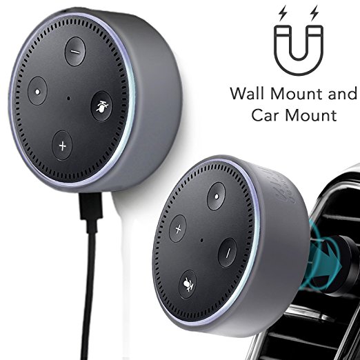 Wall/Car Magnetic Mount and Case for Echo Dot, Metal Plates Inside Silicon Case More Safety for Echo Dot 2 Car Air Vent Holder also for Smartphones by Kiwi Design (Grey)