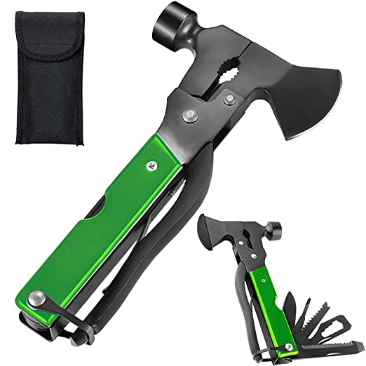 Multitool Camping Hammer Axe Hiking Emergency Survival Multitool 16 in 1 with Folding Mini Knife Saw Screwdrivers Hatchet Plier Gift for Men Dad Husband (Green)