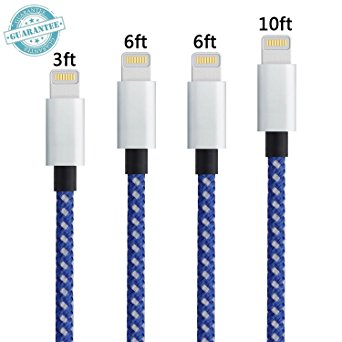 iPhone Cable - 4Pack 3FT 6FT 6FT 10FT, DANTENG Extra Long Charging Cord - Nylon Braided 8 Pin to USB Lightning Charger for iPhone 7,SE,5,5s,6,6s,6 Plus,iPad Air,Mini,iPod(Blue White)
