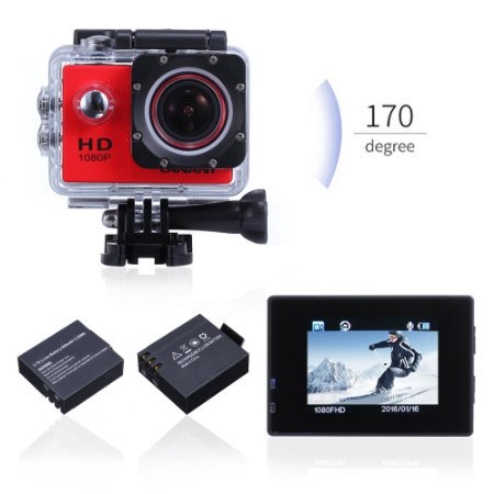 Waterproof Sports Action Camera, Canany Underwater video Camera Full HD 1080P 12MP With Free Accessories Kit and 2 Batteries (Red)