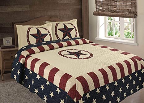 American Flag Texas Western Rustic Cowboy Navy Star Quilt Bedspread Comforter 3 Piece Set (Oversized Queen)