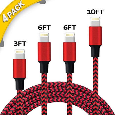 iPhone Charger, MFi Certified Lightning Cable 4 Pack [3/6/6/10FT] Extra Long Nylon Braided USB Charging&Syncing Cord Compatible with iPhone X/XS Max/XS/XR/7/7Plus/8/8Plus/6S/6S Plus/SE (Black&Red)