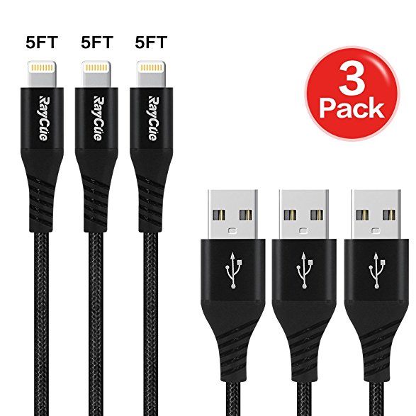 Lightning Cable, RayCue 3PACK 5ft/1.5M Nylon Braided Charging Cable Cord Lightning to USB Cable Charger Support iPhone 8/8Plus / X 7/7 Plus/6/6s/6 plus/6s plus/ 5s/5c, iPad, iPod and More