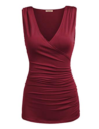 Easther Women's Summer Solid V Neck Ruched Side Slim Fit Casual Tank Tops