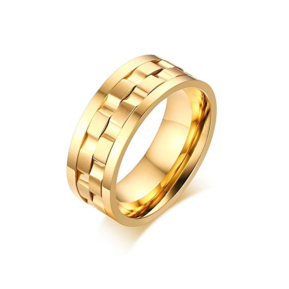 Zealmer Men's Gold Plated Stainless Steel Rotatable Stylish Brick Double Gear Shaped Spinner Rings
