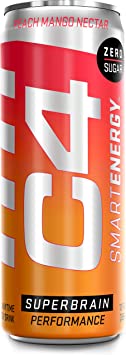 C4 Smart Energy Sugar Free Sparkling Energy Drink Peach Mango Nectar | Performance Fuel & Nootropic Brain Booster Supplement with No Artificial Colors or Dyes | 12oz (Pack of 12)