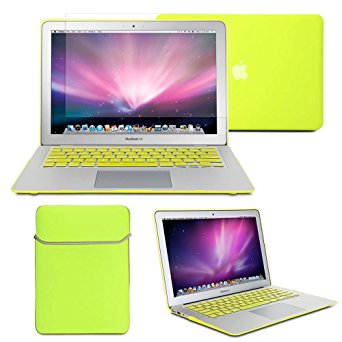 GMYLE(R) Hard Case Frosted for MacBook Air 11 inch - Neon Yellow 4 in 1 Rubberized (Rubber Coated) Hard Case Cover - Soft Sleeve Bag and Silicon Keyboard Protector - Clear LCD Screen Protector