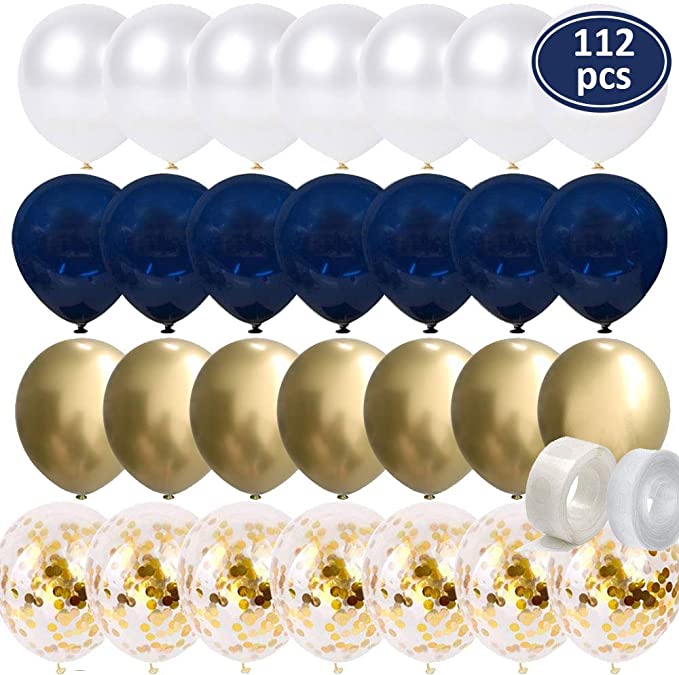 112 Pcs Navy Blue Balloons - Gold Chrome Balloons - Gold Confetti Balloons - White Balloons Matte - Balloon Strip - Glue Points for Baby Shower, Boys Birthday Party, Wedding Party Decorations