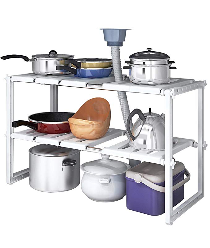 YOMYM 2 Tiers Expandable Kitchen Storage Multi-Functional Rack Adjustable Under Sink Organizer Storage Shelf Cabinet