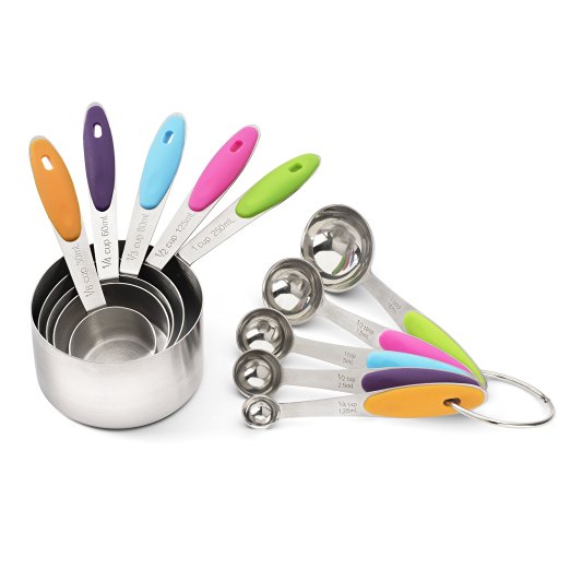 10 Piece Stainless Steel Measuring Cups and Measuring Spoons Set With Soft Silicone Handles by SARBOL Homewares - Colorful and Perfect for the Modern Kitchen