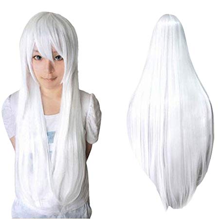 Hemlock Long Straight Wig, Women Girl Colorful Cosplay Wig Full Hair Wig (White)