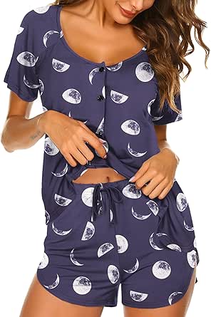 Ekouaer Women's Pajama Short Sleeve Sleepwear Soft Pj Set Cotton Top and Shorts Pajamas Set