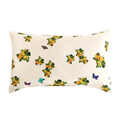 LILYSILK Printing Pattern Silk Pillowcase with Hidden Zipper 16MM 100% Mulbery Silk Double-side Sunflower&Butterfly Queen 20x36 inches