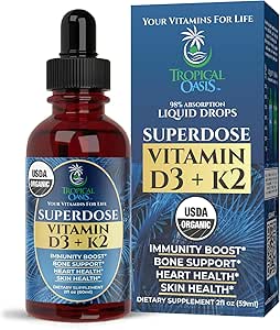 USDA Organic Vitamin D3 K2 Liquid Drops | SuperDose 8000 IU Vitamin D3 Supplement for Adults, 1000% DV | Support Calcium Absorption Strong Bones | 98% Absorption | Vegan, Non-GMO | 2 Fl Oz