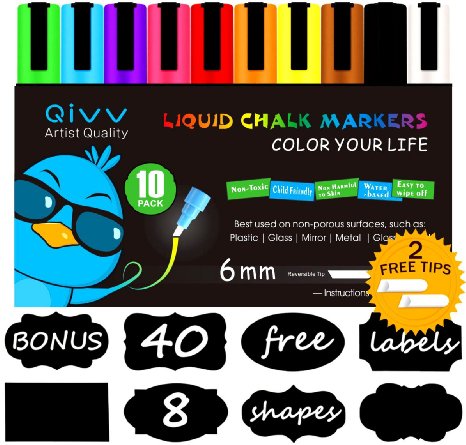 10 Colors - QIVV Liquid Chalk Marker Pens - 6mm Reversible Tip (CHISEL/BULLET) - Premium Wet Erase Chalk Markers - Windows, Menu, Bistro, Whiteboards [Free 2 Reversible Tip   16 Chalkboard Labels]