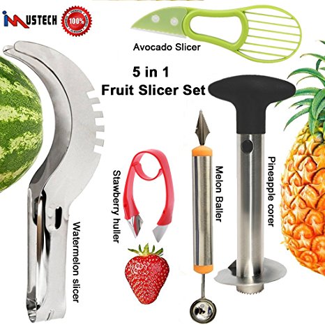 5 Pcs Fruit Slicer Set, Huller Knife Set include Pineapple Corer Watermelon Slicer Melon Baller Scoop Strawberry Huller Avocado Gadget, Excellent Kitchen Tools & Gadgets by iMustech