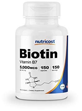 Nutricost Biotin (5,000mcg) with Virgin Organic Coconut Oil 150 Softgels - Gluten Free, Non-GMO, Supports Healthy Hair, Skin & Nails