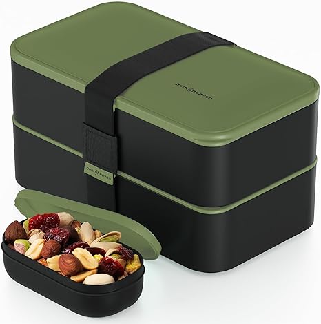 Bentoheaven Premium Bento Box Adult Lunch Box with Compartments for Women & Men, Set of Utensil & Chopsticks & Dip Container, Cute Japanese Kids Bento Lunch Box, Microwavable (Olive Garden)