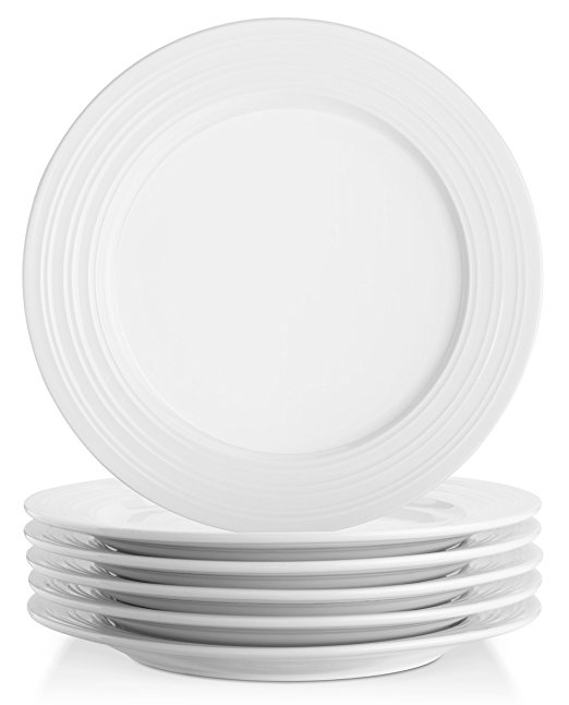 Lifver 10-inch Porcelain Dinner Plates/Serving Platters with Embossed Ring Rim, Round&Elegant White, Set of 6