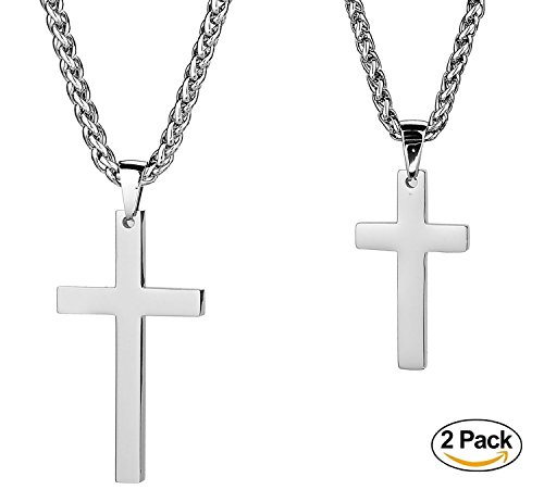 Trusuper Stainless Steel Cross Pendant Chain Necklace for Men Women,2pcs Couples Silver Cross