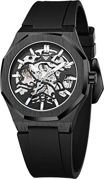 ALTURA Onyx Skeleton Automatic Watch Mechanical Wrist Watch for Men 42mm Octagonal Case with Silicone Band Self-Wind Business Watch for Men