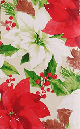 Christmas Holly, Poinsettias and Pine Cones Montage Vinyl Flannel Back Tablecloth (52" x 70" Oblong)