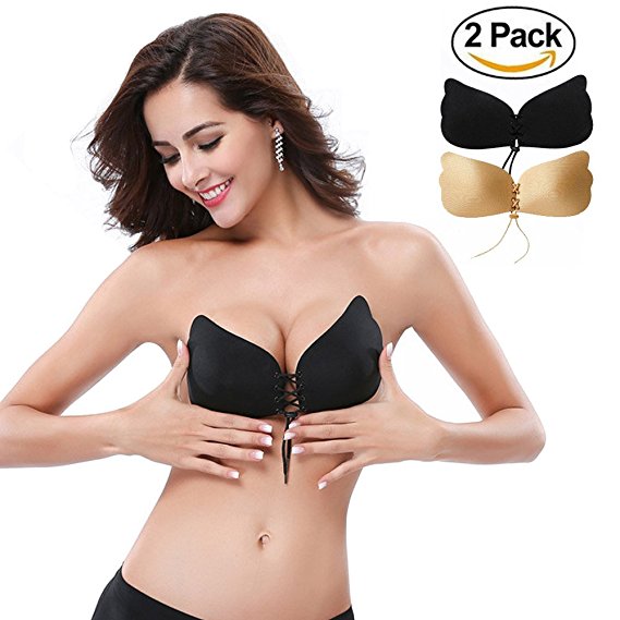 BoHong Strapless Self Adhesive Silicone Reusable Invisible Push-up Wing-Shaped Bras