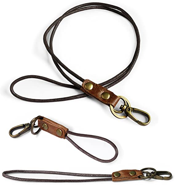 Office Lanyard, Boshiho Cowhide Leather Neck Lanyard Wrist Strap with Strong Clip and Keychain for Keys, ID Badge Holder, USB or Cell Phone (3 Size)