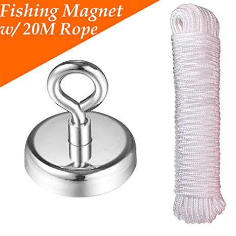 Wukong 255 Pounds Round Neodymium Magnet with Eyebolt, Diameter 2.36'' and Braided Rope 100 feet Strength Maximum Pulling Force 550 Pounds for Underwater Retrieving or Treasure Hunting