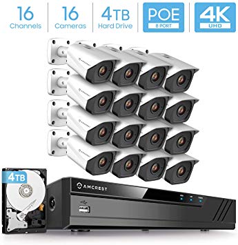 Amcrest 4K Security Camera System w/ 4K 16CH (8-Port PoE) NVR, (16) x 4K (8-Megapixel) IP67 Weatherproof Metal Bullet POE IP Cameras, Pre-Installed 4TB Hard Drive, NV4116E-IP8M-2496EW16-4TB (White)