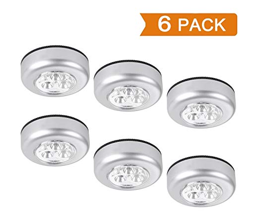 Elikeable LT 6 Pack 3 LED Battery-powered Wireless Night Light Stick Tap Touch Lamp Stick-on Push Light for Closets, Cabinets, Counters, or Utility Rooms,Cordless Touch Light (Silver)