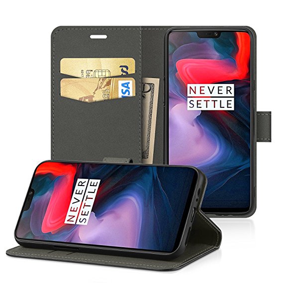 OnePlus 6 Case, EasyAcc Leather Wallet Case Protector Flip Cover with Kickstand Card Holder Card Slots Black PU Leather for OnePlus 6