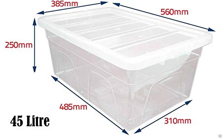 Set of 5 Crystal Clear Plastic Storage Box Boxes With Lids UK BRITISH MADE Home Office Stackable (45 LITRE)