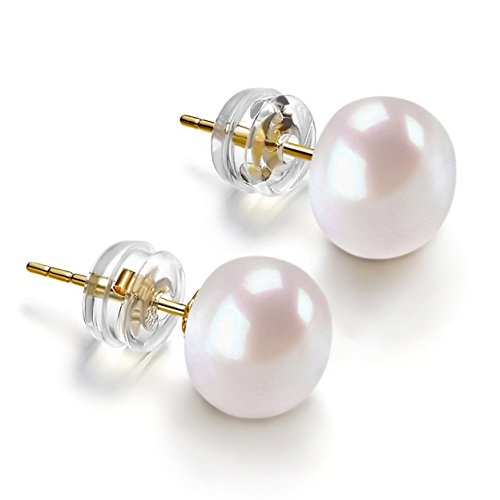 Solid 14K Gold AAA  Freshwater Cultured White Pearl Stud Earrings