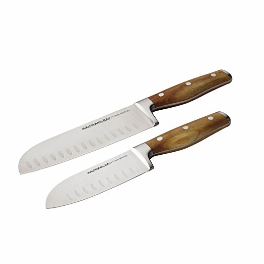 Rachael Ray Cucina Cutlery 2-Piece Japanese Stainless Steel Santoku Knife Set with Acacia Handles