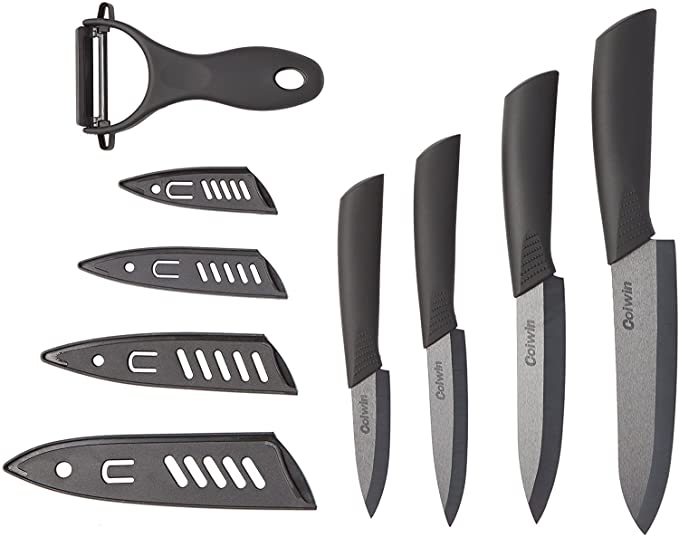 Coiwin Sharp Ceramic Knife Set | Five Piece (Black) 6In Chef Knife, 5In Utility Knife, 4In Fruit Knife, 3In Paring Knife, One Peeler