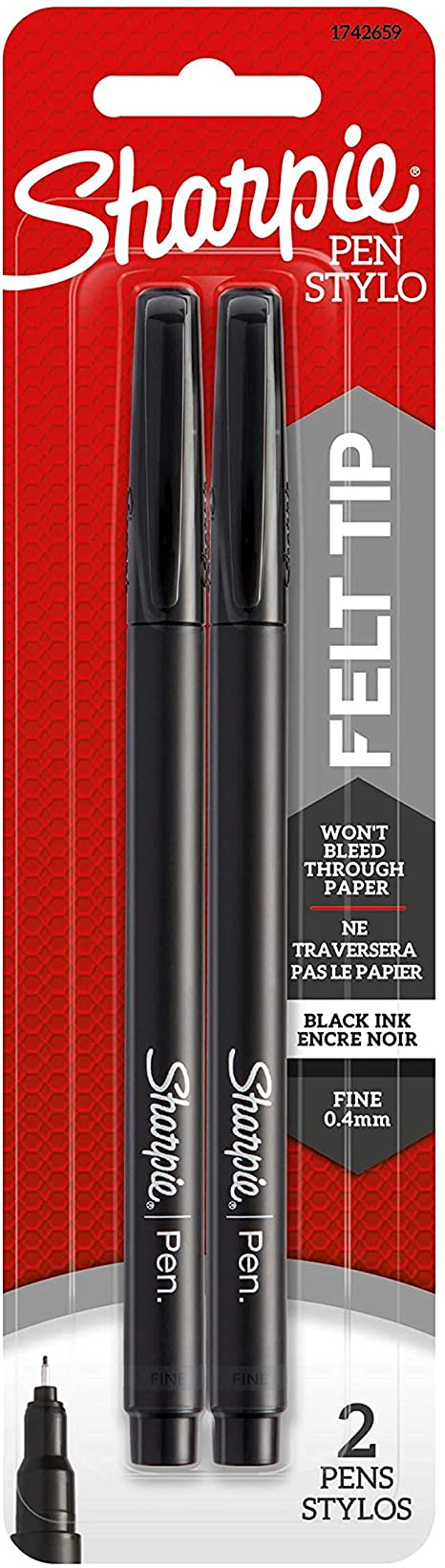 Fine Point Pens, Black Ink, Water Resistant, 2-Count