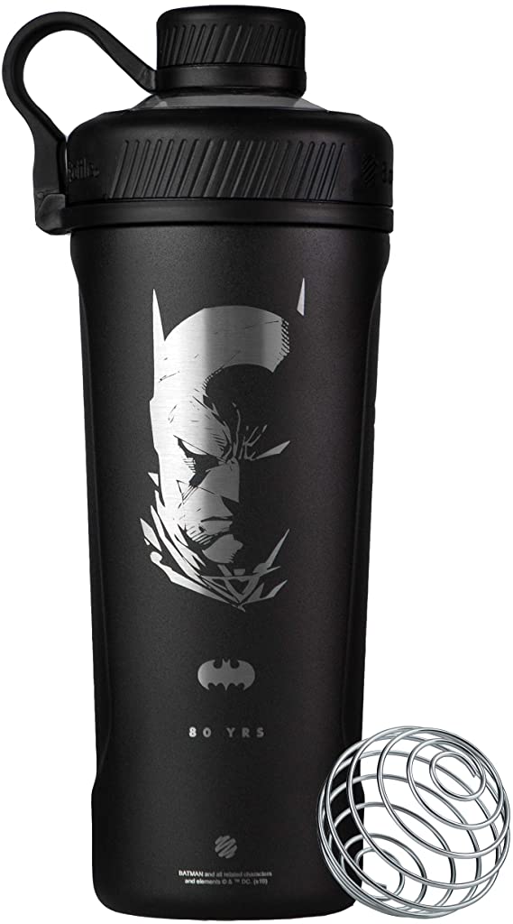 BlenderBottle Justice League Radian Shaker Cup Insulated Stainless Steel Water Bottle with Wire Whisk, 26-Ounce, Batman