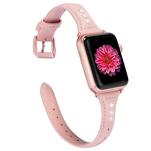 Wearlizer Pink Slim Leather Compatible for Apple Watch Band 38mm 40mm Womens iWatch Rhinestone Strap Beauty Wristband Replacement Sports Cool Bracelet (Stainless Steel Buckle) Series 4 3 2 1 Edition