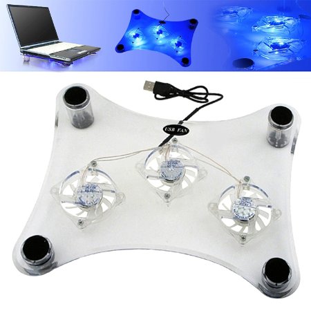 3-Fan Notebook Cooler Pad with Blue LEDs Transparent