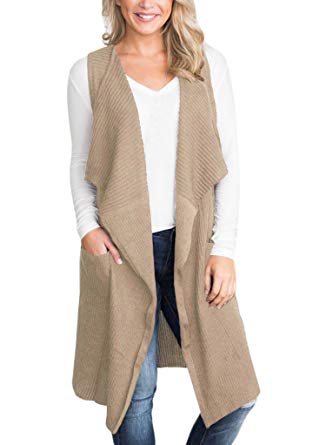 Sidefeel Women Sleeveless Open Front Knitted Long Cardigan Sweater Vest Pocket