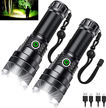 Rechargeable Flashlights,100000 Lumens Super Bright Tactical Flashlight, Zoomable, Led Flashlight with 4 Modes, Waterproof, Powerful Handheld Flashlight, for Outdoor Camping Emergencies (2 Pack)