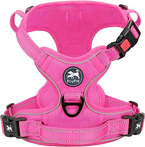 PoyPet No Pull Dog Harness, No Choke Reflective Dog Vest, Adjustable Pet Harnesses with Easy Control Padded Handle for Small Medium Large Dogs(Pink Matching Trim,M)