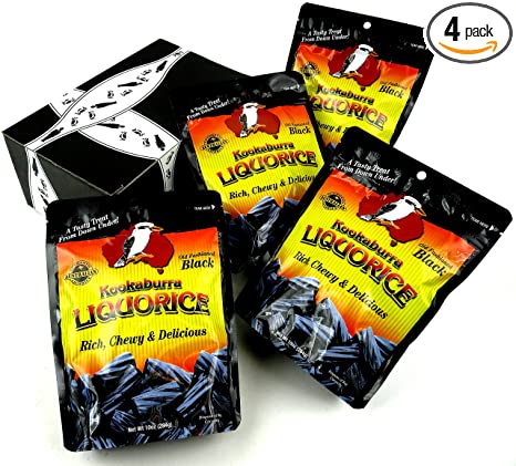 Kookaburra Old Fashioned Black Liquorice, 10 oz Bags in a BlackTie Box (Pack of 4)